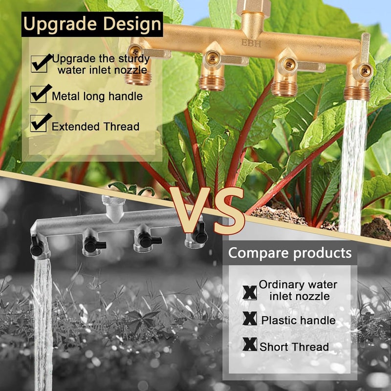 EBH Brass Garden Hose Splitter, 4-Way Heavy Duty Hose Splitter, Outdoor Faucet Manifold, with Extended Metal Handle and Individual On/Off Valve Spout, 3/4” GHT Threads - Image 5